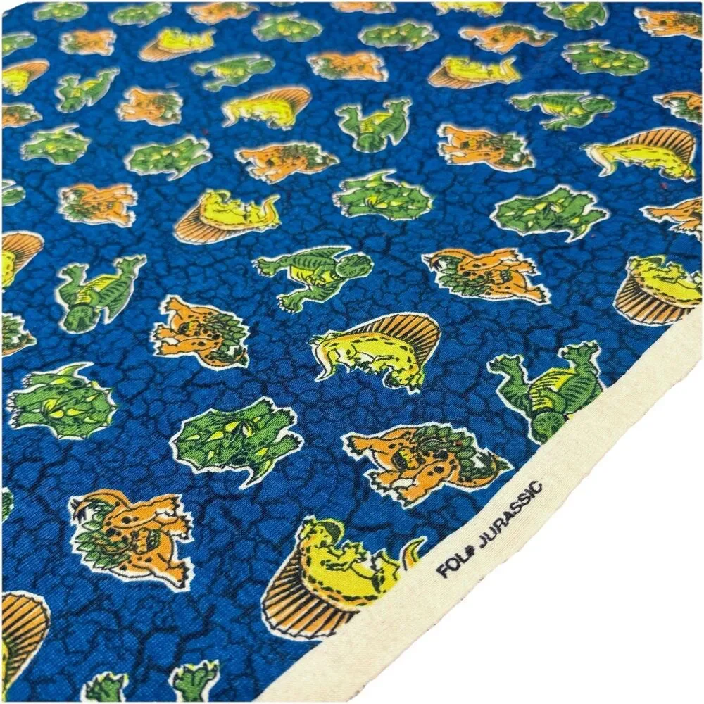 Vtg Cotton Knit Novelty Fabric Dinosaurs Dino Crackle Jurassic Blue 1yd 17 x 44